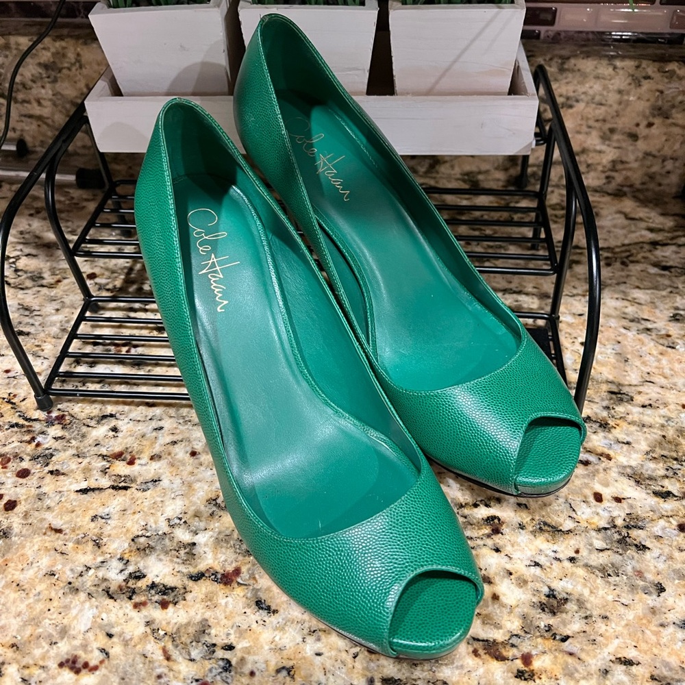 Cole Haan Green Leather Peep Toe Pumps Heels Shoes Sz 9 Nike Air
